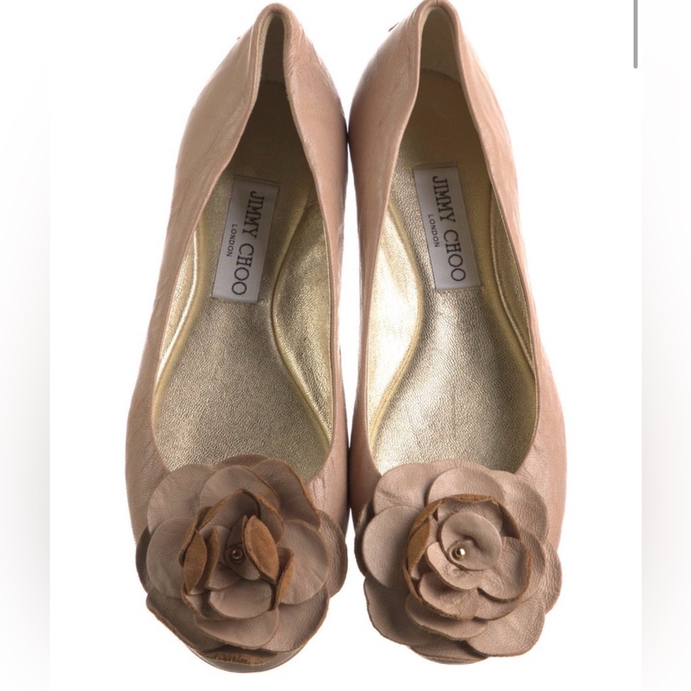 Jimmy Choo Balle Warwick Pink Leather Flower Flats